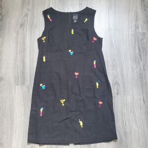 Linen Mini Dress Cocktail Novelty Print Embroidered Black 12 Sleeveless Beach
